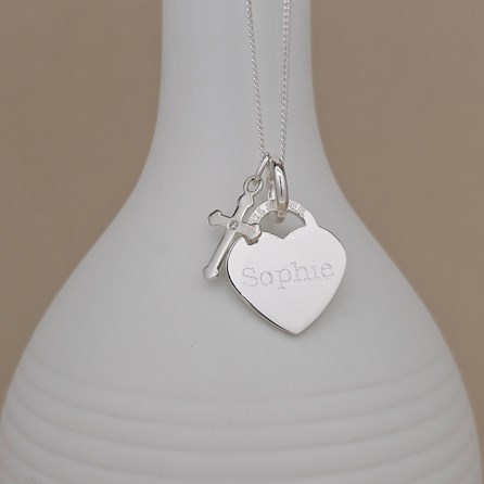 Engraved Silver Heart Necklace With Baptism Cross Baptism jewellery baptism gifts for girls necklace baptism gift engraved heart personalised
