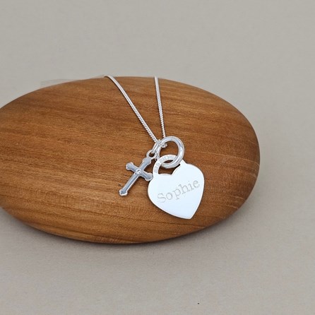 Engraved Silver Heart Necklace With Confirmation Cross Confirmation jewellery Confirmation gifts for girls sterling silver necklace cross heart personalise