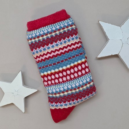 Fair Isle Cabin Socks in Red Warm Super Soft Thick Winter Socks Fair Isle Design Bed Socks Gifts For Women