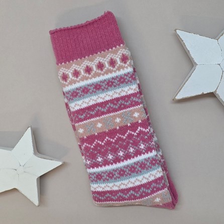 Fair Isle Socks in Pink Warm Super Soft Thick Winter Socks Fair Isle Design Bed Socks Gifts For Women