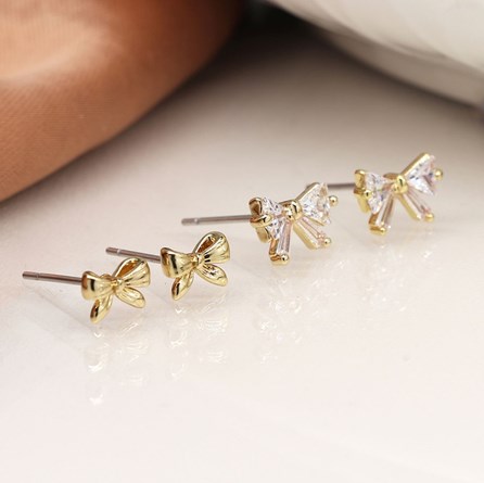 Faux Gold Bows and Crystal Bows Double Stud Earring Set Silver Plated Costume Fashion Jewellery Stud Earrings Bow Design Crystal and Gold