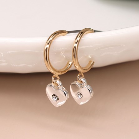 Faux Gold Open Hoop Heart Earrings with Mini Crystal Faux Gold Open Hoop Heart Earrings with Mini Crystal