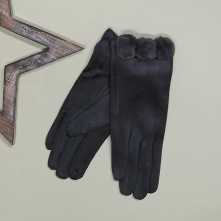 Faux Suede Gloves with Pom Poms in Grey Faux Suede Gloves with Pom Poms in Grey
