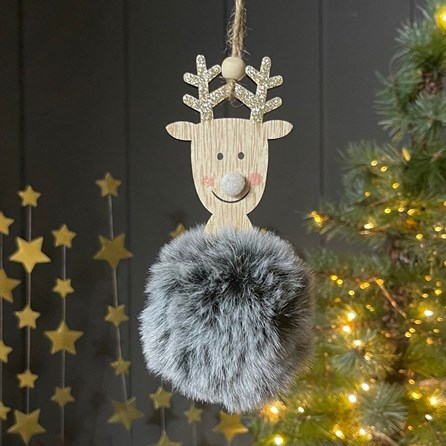 Fluffy Grey Hanging Reindeer Decoration Fluffy Grey Hanging Reindeer Decoration