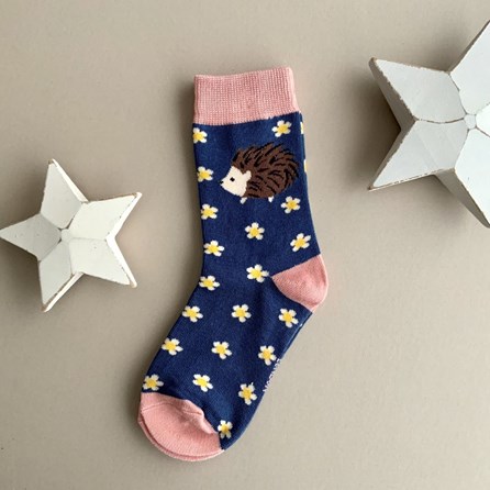 Girls Bamboo Hedgehogs & Daisies Socks in Navy 4-6 Years Girls Bamboo Hedgehogs & Daisies Socks in Navy 4-6 Years