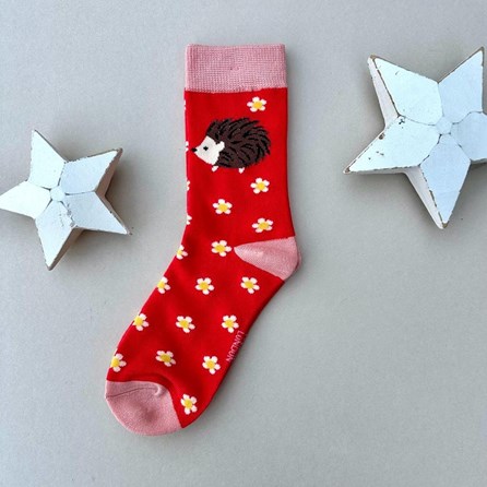 Girls Bamboo Hedgehogs & Daisies Socks in Red 7-9 Years Girls Bamboo Hedgehogs & Daisies Socks in Red 7-9 Years
