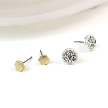 Gold Plated Hexagon and Crystal Disc Stud Earrings Set Gold Plated Hexagon and Crystal Disc Stud Earrings Set