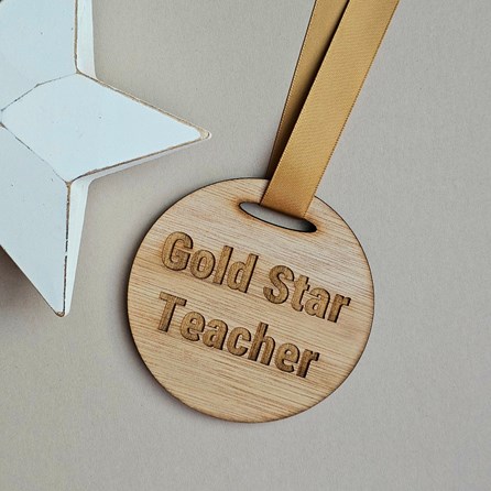 'Gold Star Teacher' Wooden Medal Teacher Gifts Wooden Keepsake Gifts Novelty Quirky Gifts