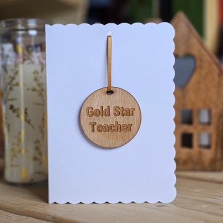 'Gold Star Teacher' Wooden Medal and Card Thank You Teacher Gifts Sentiment Keepsake Gifts Wooden Hanging Decoration Card