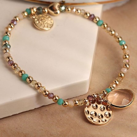Golden and Aqua Mix Bead Bracelet with Disc and Crystal Golden and Aqua Mix Bead Bracelet with Disc and Crystal