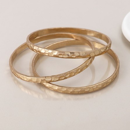 Golden Worn Triple Bangle Set Silver Plated Costume Fashion Jewellery Bracelet Gold Plated Set of Three Hammered Bangles