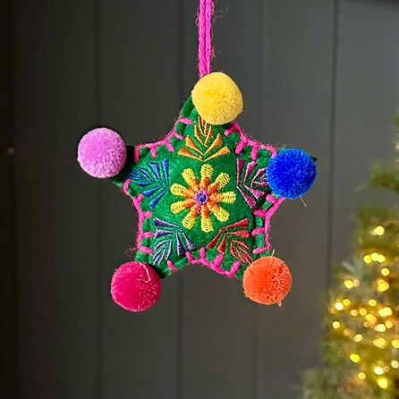 Green Multicolour Felt PomPom Star Hanging Decoration Gisela Graham Christmas Gifts Festive Gifts Christmas Decorations Soft Felt Pompom Star