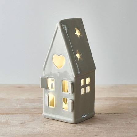 Grey Tall House Tea Light Holder with Heart Grey Tall House Tea Light Holder with Heart