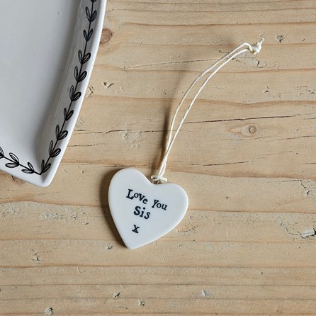 Hanging Porcelain Small Heart 'Love You Sis' Home Decorations Homeware Gifts Sentiment Keepsake Gifts Porcelain Gifts Hanging Heart
