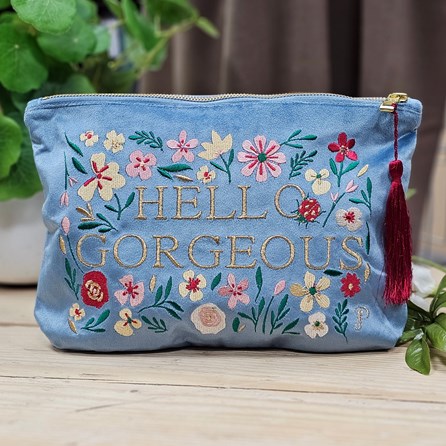 'Hello Gorgeous' Velvet Zip Pouch in Denim Blue Embroidered Velvet Purse Bags Make Up Bags Clutch Bags Mother's Day Gifts Anniversary Gifts