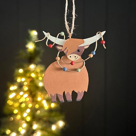 Highland Cow With Fairy Lights Hanging Decoration Christmas Decorations Festive Metal Hanging Highland Cow Shoeless Joe
