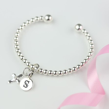 Personalised Infant's Silver Christening Bead Bangle Christening jewellery christening gift for girls christening solid silver bangle cross letter letter