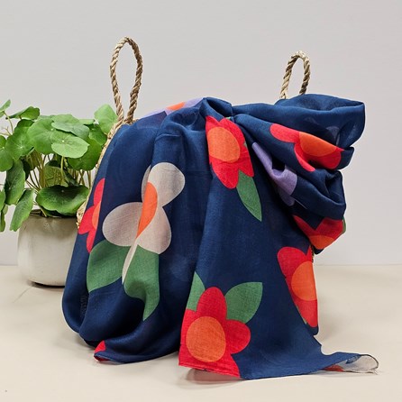 Large Flowers Scarf in Navy Blue Contemporary Scarves Headscarves Spring Lightweight Mother's Day Gifts Birthday Gifts Floral Scarf