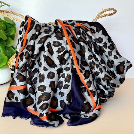 Leopard Print Scarf with Double Navy and Orange Border Gifts For Women Scarves And Accessories Leopard Print Scarf with Double Navy And Orange Border