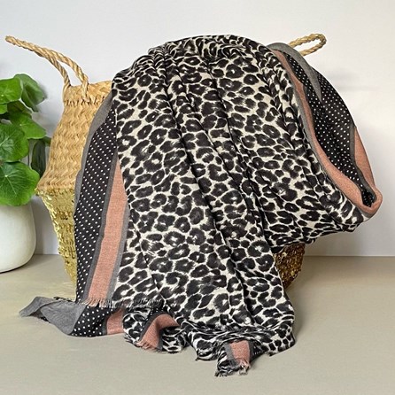 Light Grey and Pink Leopard Print Border Scarf Light Grey and Pink Leopard Print Border Scarf