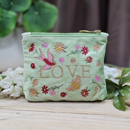 'Love' Velvet Mini Pouch in Mint Green Embroidered Velvet Purse Bags Make Up Bags Clutch Bags Mother's Day Gifts Anniversary Gifts