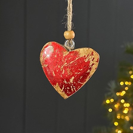 Mango Wood & Enamel Red Heart Hanging Decoration Christmas Hanging Decorations Christmas Gifts Wooden Hanging Enamel Heart In Red