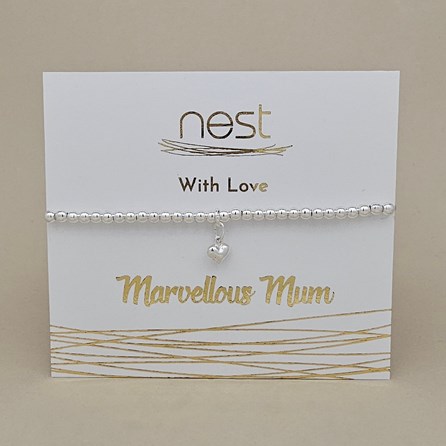'Marvellous Mum' Beaded Charm Bracelet Beaded Bracelet Carded Bracelet Sentiment Relative Marvellous Mum Heart Silver Plated