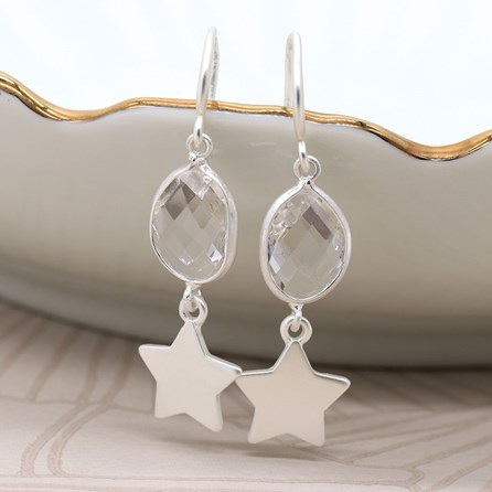 Matt Finish Silver Plated Star and Crystal Drop Earrings Matt Finish Silver Plated Star and Crystal Drop Earrings