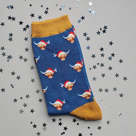Men's Bamboo Christmas Highland Cows Socks in Teal Men's Christmas Socks Xmas Festive Socks Mr Sparrow Bamboo Socks Clothing Highland Cow
