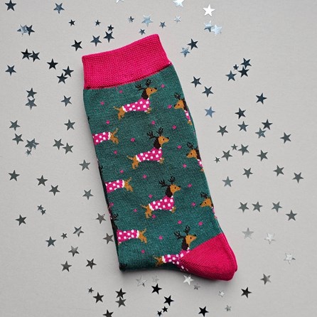 Men's Bamboo Christmas Sausage Dogs Socks in Green Men's Christmas Socks Xmas Festive Socks Mr Sparrow Bamboo Socks Clothing Sausage Dog Dachshund