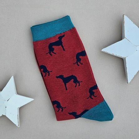 Men's Bamboo Cute Greyhounds Socks in Dark Red Men's socks father's day socks bamboo greyhounds dark red one size