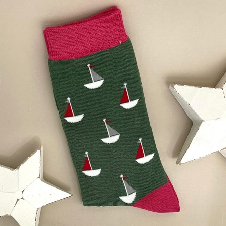 Men's Bamboo Little Boats Socks In Hunter Green Men's socks father's day socks bamboo socks little boats hunter green one size