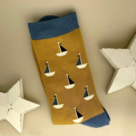 Men's Bamboo Little Boats Socks In Mustard Men's socks father's day socks bamboo socks little boats mustard one size