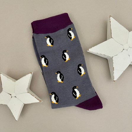 Men's Bamboo Little Penguins Socks in Grey Men's socks father's day socks bamboo socks little penguins grey one size