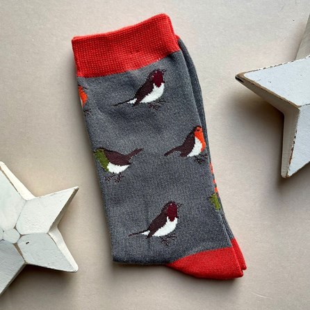 Men's Bamboo Multicolour Robins Socks in Grey Men's socks father's day socks bamboo socks mulitcolour robins grey one size