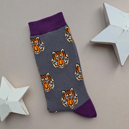 Gifts For Him Bamboo Tiger Socks in Grey Quirky Novelty Socks Father's Day Gifts Birthday Gifts Men's Bamboo Tigers Socks in Grey