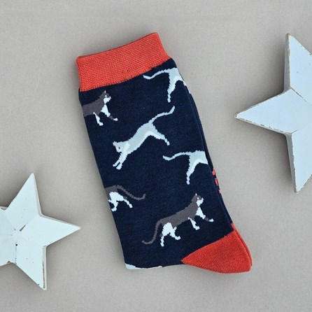 Men's Bamboo Wandering Cats Socks in Navy Blue