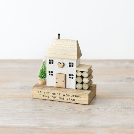 'Most Wonderful Time' Wooden House Block with Firewood 'Most Wonderful Time' Wooden House Block with Firewood