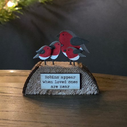Mum Robin and Chicks Decoration on Base Robins Sat on a Wooden Block Christmas Table Decoration