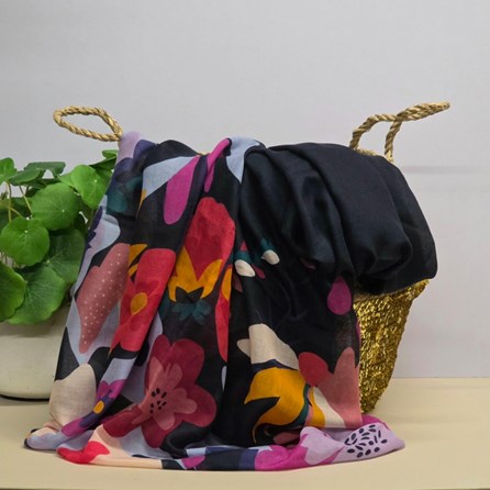 Navy Blue Recycled Scarf with Tropical Print Edge Contemporary Navy Floral Scarf Wrap Shawl Headscarf Gifts For Mother's Day