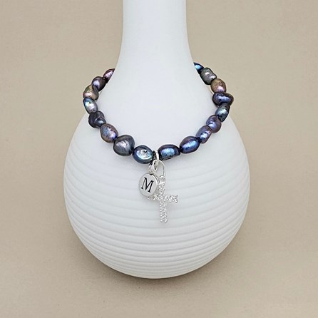 Personalised Black Pearl Silver Cross Bracelet Personalised Black Pearl Silver Cross Bracelet