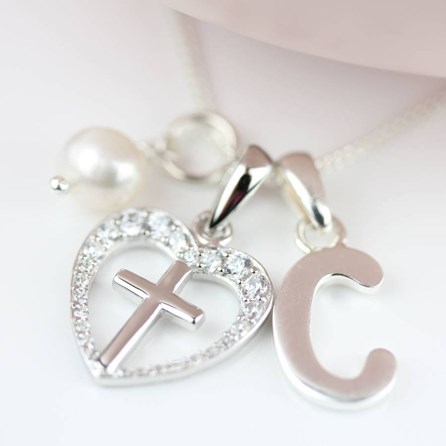 Personalised Child's Silver Christening Cross Pendant Christening jewellery christening gift for girls christening cross pearl heart personalised letter