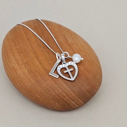 Personalised Child's Silver Confirmation Cross Pendant Confirmation jewellery Confirmation gifts for girls silver cross heart pearl personalise letter