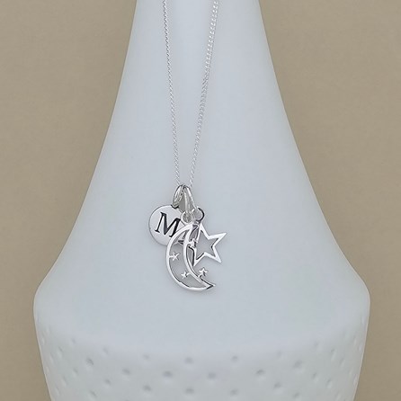 Personalised Eid Moon And Star Charm Silver Necklace Gifts For Eid Personalised Jewellery Personalised Silver Necklace Moon And Stars Jewellery