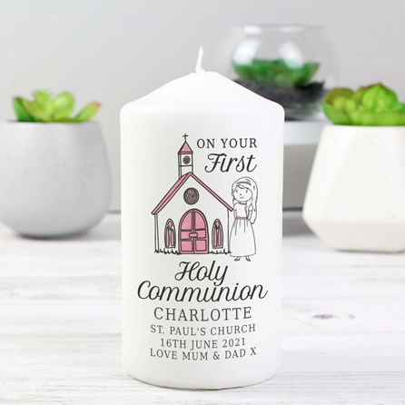 Personalised Girls First Holy Communion Pillar Candle Personalised First Holy Communion Gifts Pink Girls Design Tall Church Candle Pillar Candle