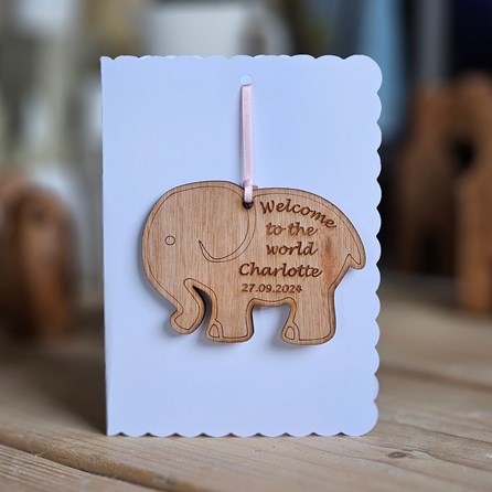 Personalised New Baby Hanging Elephant Decoration Card Personalised New Baby Hanging Elephant Decoration Card
