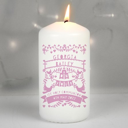 Personalised Pink Papercut Style Pillar Candle personalised candle for wedding personalised candle for anniversary personalised christening candle