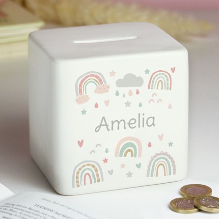 Personalised Rainbow Ceramic Square Money Box personalised gift for newborn personalised gift for new baby
