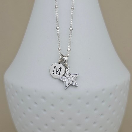 Personalised Silver Ball Chain Necklace with CZ Star Personalised Silver Ball Chain Necklace with CZ Star
