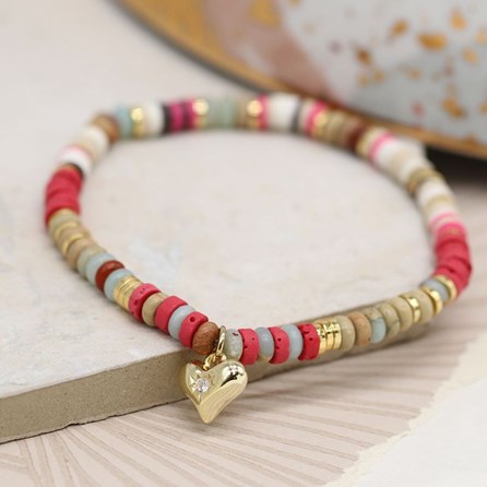 Pink Mix Semi Precious Stone Bracelet with Heart Charm Pink Mix Semi Precious Stone Bracelet with Heart Charm